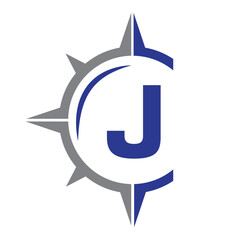 Initial Letter J Ship Logo Concept With Compass Symbol Vector Template