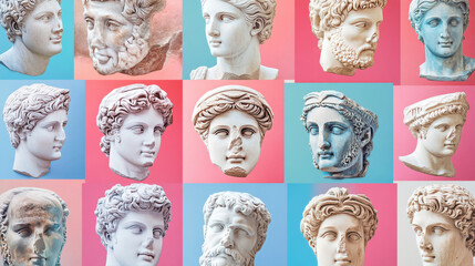 Trendy contemporary design for art exhibition poster. Vector horizontal banner of gallery or museum with creative collage with greek sculpture on gradient background