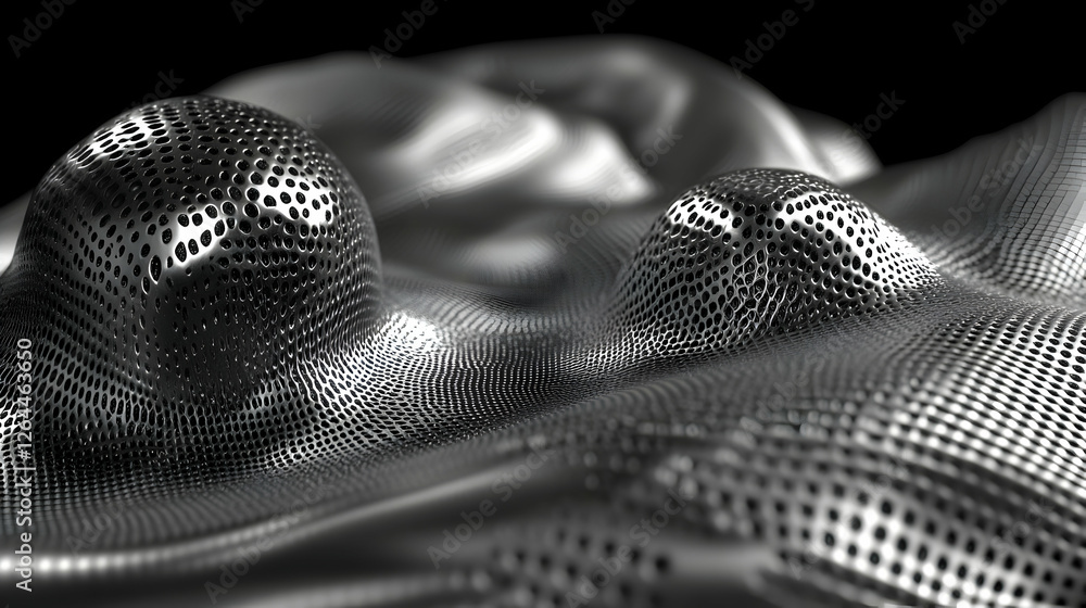 Poster abstract monochrome image of a perforated metal surface with undulating texture, creating a futurist
