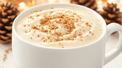 Obraz premium Cozy Cup of Festive Eggnog Topped with Cinnamon against a Warm Holiday Background Scene