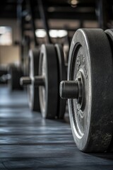 Gym dumbbells in a row, dark fitness center, weightlifting equipment