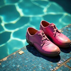 Worn-out footwear prints on wet pool surface in grunge aesthetic, grunge, rips, pool