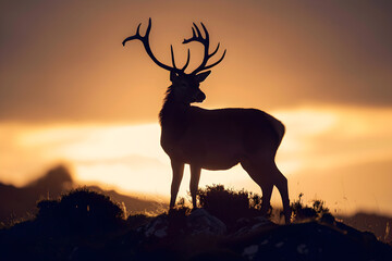 Majestic Silhouette of a Deer at Dawn: Embracing Sunrise with Ethereal Rim Light and Serene Wilderness