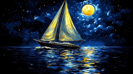 Nocturne Sailboat Impressionistic Seascape Moonlight Painting Art