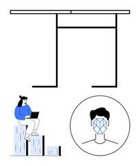 Abstract geometric face design, woman using a laptop atop staggered bar charts, solid lines suggesting technology and data structuring. Ideal for AI, analytics, biometrics, tech systems, growth