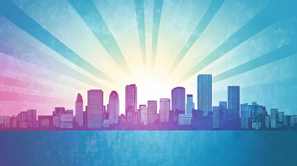 Obraz premium Vibrant cityscape sunrise, stylized skyline illustration, colorful sunburst background, urban design, pastel hues, textured effect, city buildings silhouette.