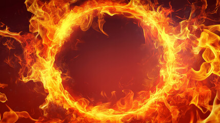 Fire circle frame. Flame light ring background. Ignite round fiery with glow and burn border effect. Red magic flare and hot spark wheel energy template. Neon speed inferno tunnel illustration