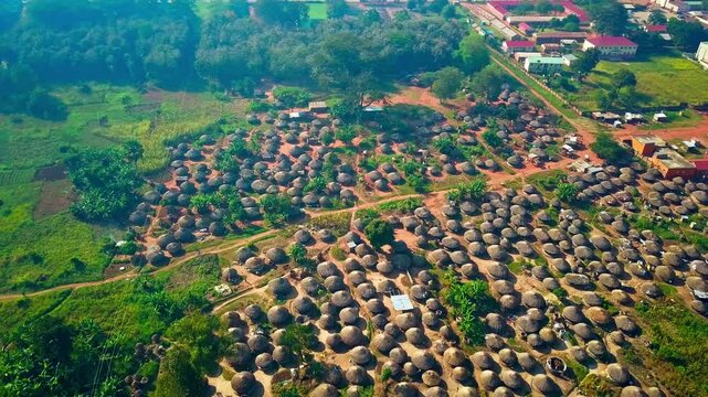 An Acholi Village With Traditional Thatched Huts Nestled in Northern Uganda, Africa - Aerial Drone Shot
