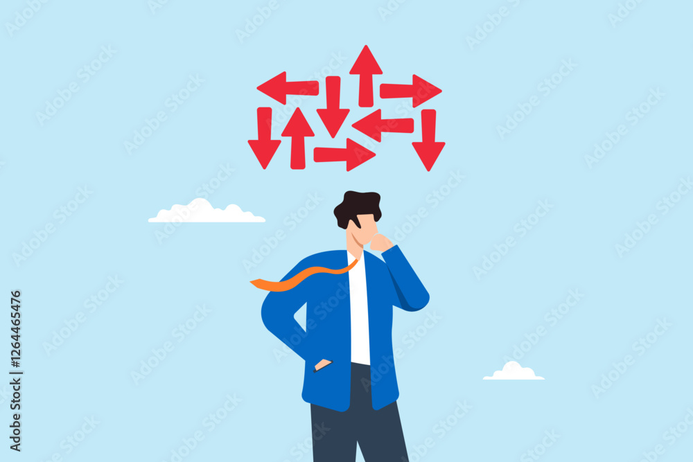 Poster flat illustration of businessman contemplate multiple path symbolizing decision making for right dir