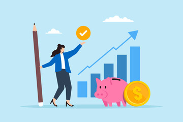 Flat illustration of woman hold pencil plan for saving with piggy bank and growth chart for financial planning