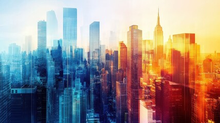 Obraz premium Futuristic cityscape in double exposure, blending abstract art and modern architecture, with vibrant colors and sharp lines