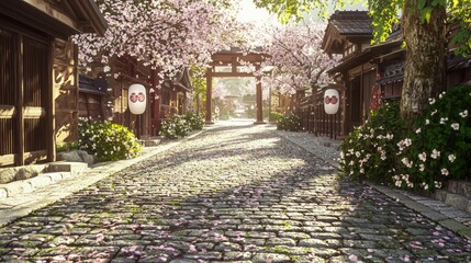 Fototapeta premium Charming Springtime Scene on a Cobblestone Street with Blossoms