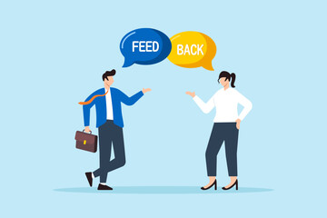 Flat illustration of businessman and businesswoman provide feedback to each other for improvement in workplace