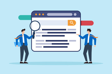 Flat illustration of business marketing team move website up in search ranking for better SEO performance