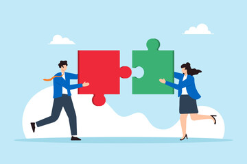 Flat illustration of businessman and businesswoman partner connect jigsaw puzzle piece to solve challenge together