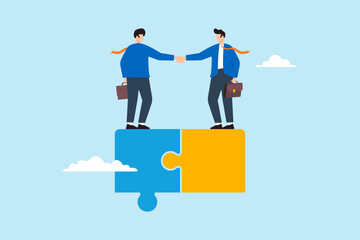 Flat illustration of businessmen finish deal with handshake on connected jigsaw puzzle