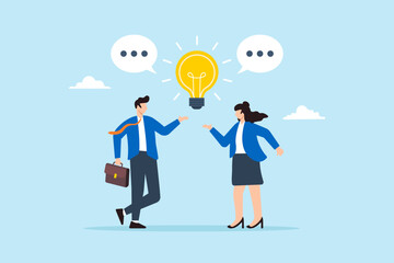 Flat illustration of coworker talk with lightbulb speech bubble communicating idea effectively