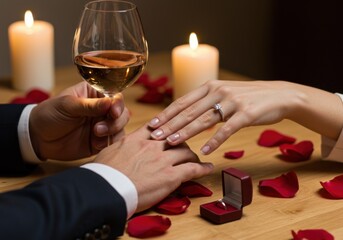 Photo of woman's hand touching man's hand, romantic scene, wedding ring