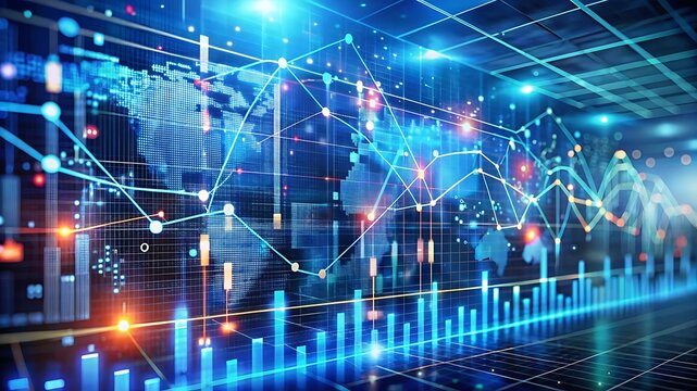 Smart AI algorithm analyzing business trends, market fluctuations, and financial predictions with data streams and futuristic elements in a sleek digital interface 