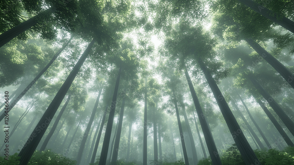 Poster misty forest enchantment: sunlight filters through a dense canopy of trees, creating an ethereal, mi