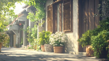 Sunlit Corner Street with Cozy Villa and Vibrant Greenery