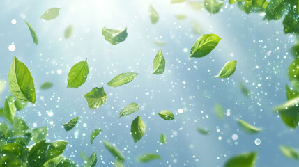Abstract wind swirls with green leaves and sparkles isolated on transparent background. Vector realistic illustration of air vortex and wave with flying mint leaves