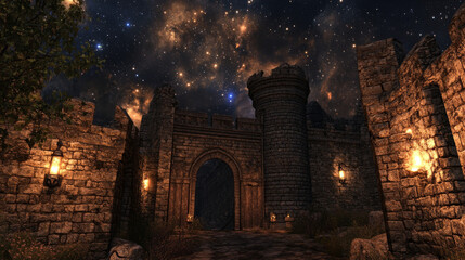 Ancient classic architecture with arches, wall from stone bricks and burning torches. Vector cartoon illustration of old castle, palace or temple facade with granite blocks and arcade at night