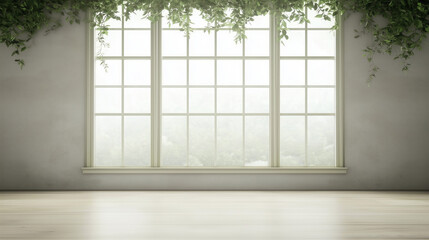 Minimalist Greenery Window: A simple yet elegant interior design scene featuring a large window framed by lush green foliage, creating a natural and serene atmosphere.  