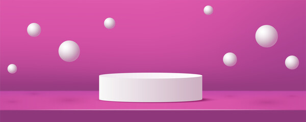 Minimal scene design with pink wall and floor, white 3d balls and podium. Platforms mockup product display presentation.