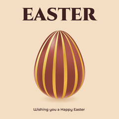 Easter card with realistic chocolate egg with gold stripe. Holiday greeting poster. Spring vector illustration. Design for banner, flyer, social media, brochure, presentation, invitation
