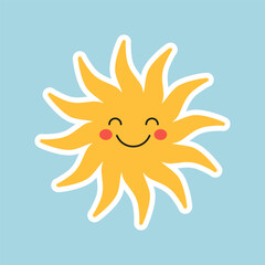 Cute sun character icon. Vector sunny smile sticker. Shinny illustration on blue background