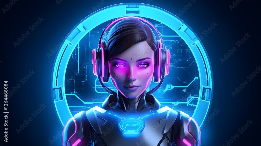 Poster futuristic and high tech digital assistant chatbot icon featuring a neon styled user interface
