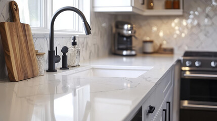 White marble countertop and tile wall. Empty bathroom shelf, kitchen table top with stone texture and mosaic backsplash on backdrop, vector realistic illustration