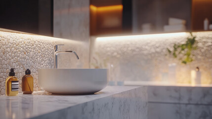 White marble countertop and tile wall. Empty bathroom shelf, kitchen table top with stone texture and mosaic backsplash on backdrop, vector realistic illustration