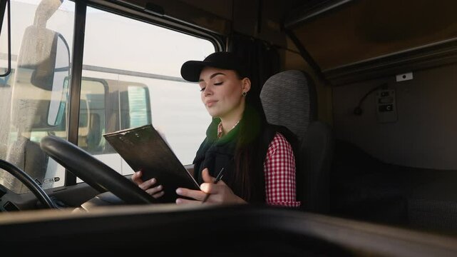 Female truck driver reviewing paperwork in right-hand drive truck before trip