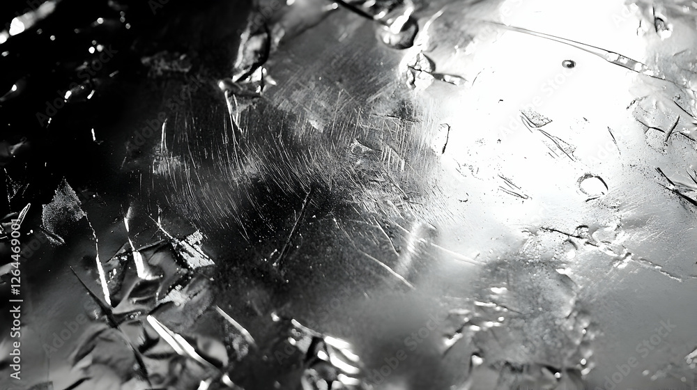 Poster abstract monochrome image of a textured metallic surface, showcasing intricate scratches and reflect