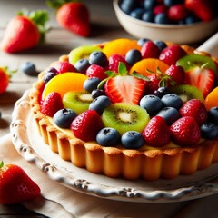 Delicious pastry tart topped with fresh mixed fruits