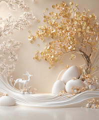 A golden tree with leaves made of gold coins, standing on three rocks and surrounded by two deer. The background is a light brown color, creating an atmosphere full of wealth and prosperity.