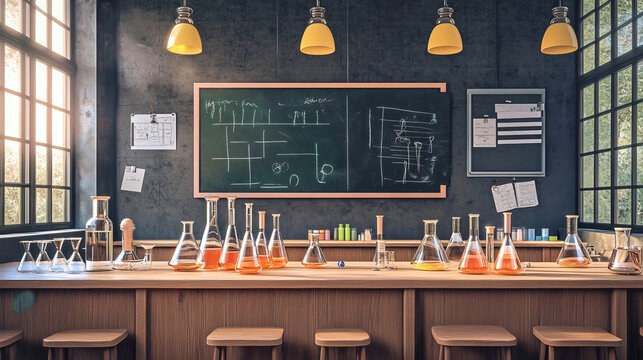 Chemical laboratory, empty chemistry cabinet or classroom interior with blackboard, beakers for experiments on desk, furniture and scientific supplies. Educational room cartoon vector illustration