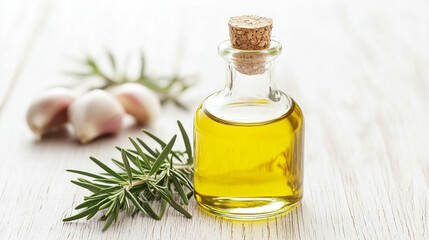 Rosemary Garlic Infused Olive Oil: A small bottle of golden olive oil sits on a wooden surface, adorned with fresh rosemary sprigs and garlic cloves, promising culinary delight.