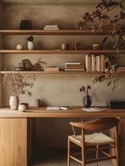 Warm and inviting wooden desk space with shelving decor