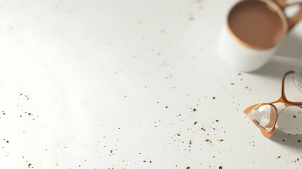 Serene minimalist scene coffee, stylish glasses on a speckled white surface.  Perfect for lifestyle, branding, or product photography.