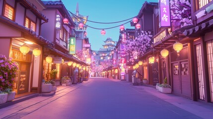 Lively Dusk Scene on a Thoroughfare with Lanterns and Blossoms