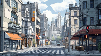 Urban street landscape with crossroad and traffic light, buildings with small shops, cafes and restaurants cartoon vector background, town poster with empty street space