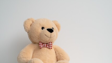 Obraz premium A soft teddy bear with a red checkered bow tie sitting against a plain background.
