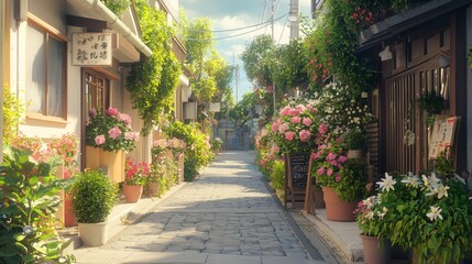 Obraz premium Cozy Suburban Passage Lined with Colorful Flowers and Greenery