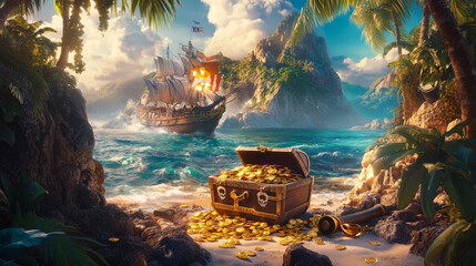 Naklejka premium Pirates party kids adventure cartoon posters with treasure chest with gold on secret island, filibuster ship with jolly roger flag and cannon, invitation to children event, vector vertical flyers set
