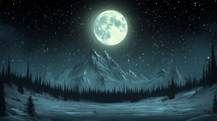Naklejka premium Enchanted Winter Night: Full Moon Over Snowy Mountains and Starry Sky