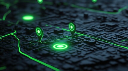 green glowing waypoints on 3d black map