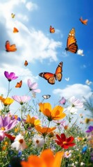 Image of Colorful flowers with butterflies flying butterfly nature spring. printed on Printed Glass Splashbacks
